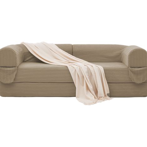 Canapé convertible 2 places en velours côtelé beige, lit futon gain de place pour salon et chambre d'amis (1/5)