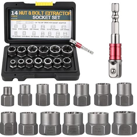 14 Piece Socket Wrench Set Left Extractor Bolt Nut Extractor with Hex Adapter, Extractor Socket Set for Removing Damaged Screws, Bolts and Nuts (1/5)