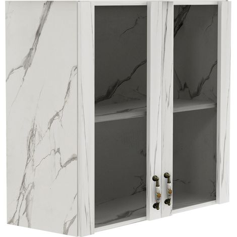 Pensile Cucina con Ante in Vetro 80x72x32 cm Bianco Effetto Marmo