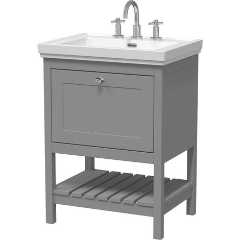 Balterley Coppenhall Bathroom Floor Standing 1 Drawer Vanity & 3 Tap Hole Basin, Cool Grey, 630mm