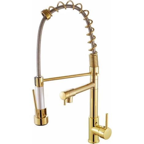 Mitigeur d'évier de cuisine avec alimentation en eau chaude et froide, construction en laiton chromé, bec pivotant à 360°, pommeau extractible à un trou, mécanisme de mitigeur rotatif, double fonction (1/4)