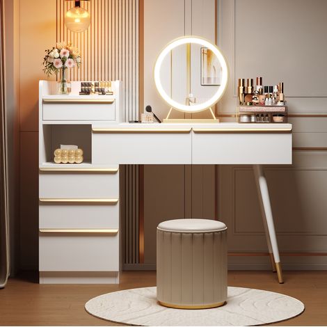 Tocador in truciolare bianco con specchio LED, 6 cassetti e piano estraibile (1/5)