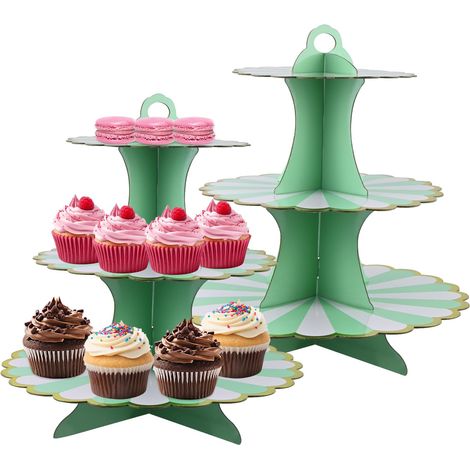 Présentoir à Gâteaux 3 Étages - Lot de 2 Supports à Cupcakes pour Desserts, Fruits, Biscuits, Bonbons - Plateau de Service pour Noël, Mariage (Vert) (1/5)