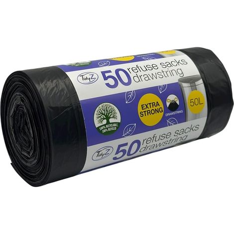 TidyZ Lot de 50 sacs poubelle extra résistants avec cordon de serrage, 50 L, fabriqués à partir de plastique 100 % recyclé (1/5)