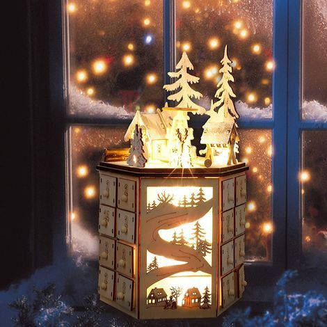 Creative rotating LED Christmas calendar, 24-hour countdown, drawer calendar for home, wooden Christmas ornaments (1/5)