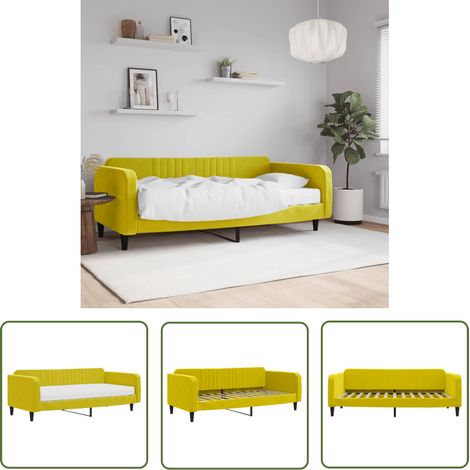 The Living Store Lit de jour avec matelas jaune 100x200 cm velours - Canapé Convertible - Lit Deux Places - Lit Invité - Literie - Meuble Multifonctionnel (1/5)