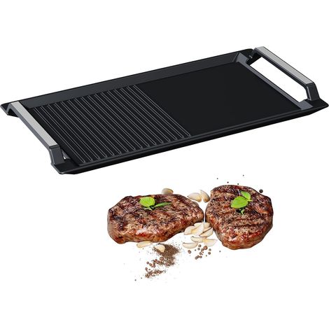 Plaque à Griller Induction, plaque de gril en fonte, grille rectangulaire, 2 poignées avec surface plate et striée pour plaque de cuisson électrique à induction (1/5)