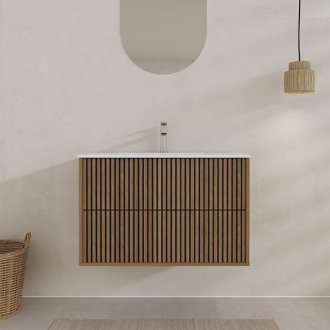 Mueble de Baño YUKI 60 - Acanalado Roble y Negro - Lavabo Blanco Mate