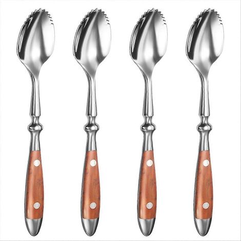 Set aus 4 Obstlöffeln aus Edelstahl 18/8, Kiwi-Typ, mit Holzgriff. (1/5)