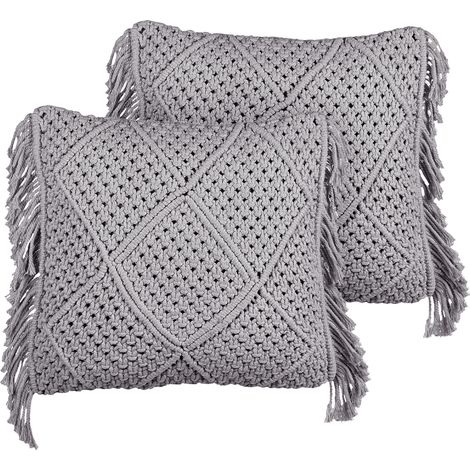 Conjunto de 2 cojines de algodón con relleno macramé patrón boho retro flecos 45 x 45 cm gris Besham