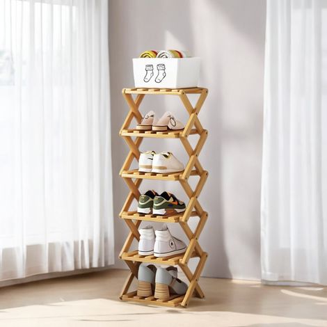 Six-layer Foldable Bamboo Shoe Rack, No Installation Required 26cm W x 26cm D x 88cm H (1/5)