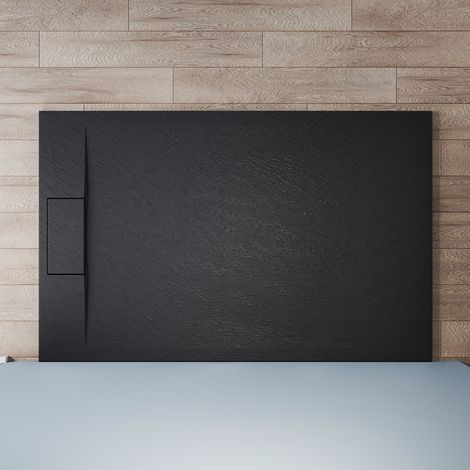 SONNI Receveur de douche 140x90cm Receveur de douche plat de haute qualité pour cabine de douche Salle de bain SMC Noir 32mm texture ardoise antidérapant, design découpable
