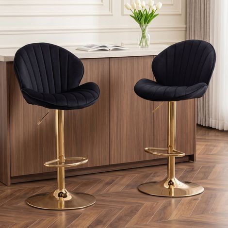 Wahson Lot de 2 tabourets de bar en velours noir – Hauteur réglable 64,5-85 cm – Dossier pour confort – Pieds en métal doré, Noir