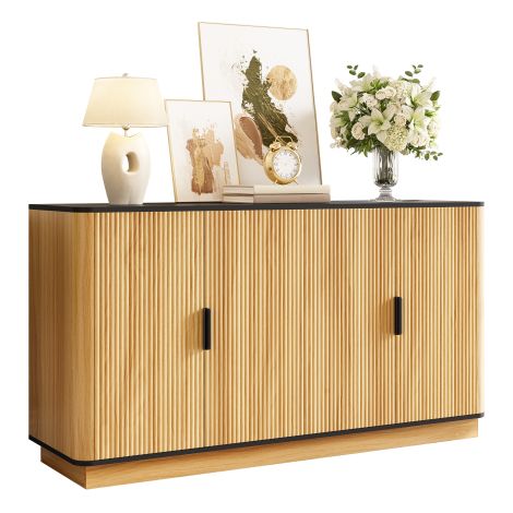 Armoire latérale 4 portes avec finition verticale texturée imitation bois – Meuble de rangement polyvalent pour salon, entrée et salle à manger