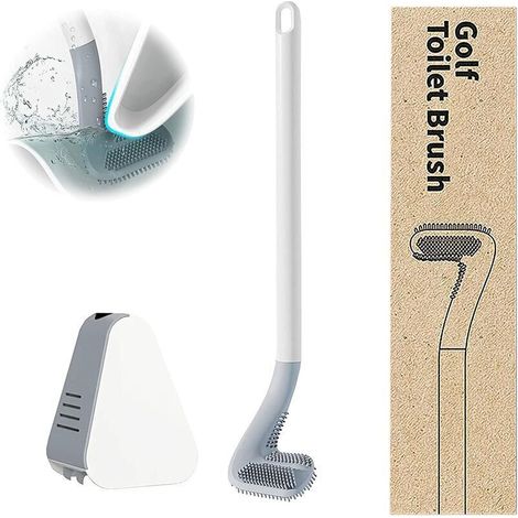 Langstielige Silikon-Toilettenbürste für Golfer, Wandmontierte Toilettenbürste mit Halterung (Weiß)