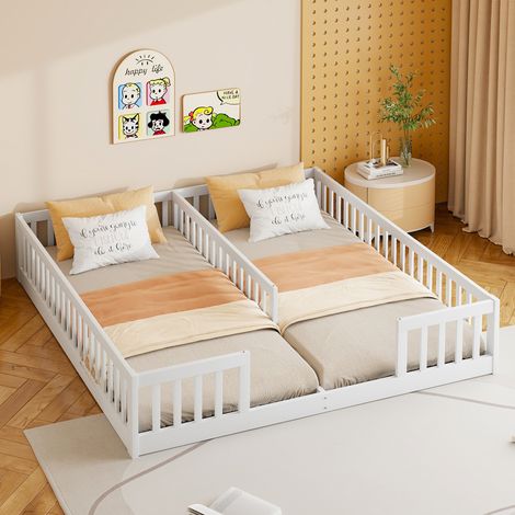 Cama infantil doble 90x200 cm blanca de pino y MDF con barreras de seguridad (1/5)