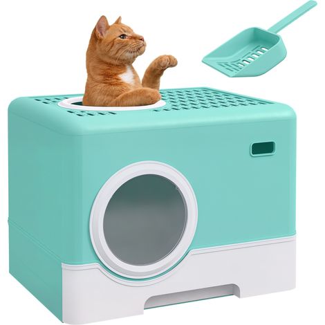 Litière chat fermée avec couvercle et pelle double entrée bac escamotable entretien facile 52x41x38,5 cm, vert