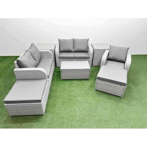 Fimous High Back Poly Rattan Garden Furniture Set with Reclining Chair Loveseat Sofa Rectangular Coffee Table Indoor Outdoor Patio Set 2 Big Stool 2 Side Table Light Grey (1/4)