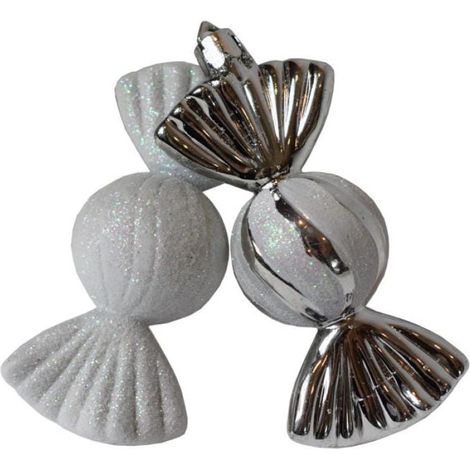Set di 6 palline decorative argentate a forma di caramella con glitter (1/2)