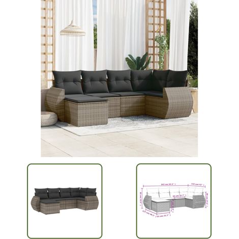 The Living Store Salon de jardin 6 pcs avec coussins gris résine tressée - Ensemble Salon De Jardin - Mobilier De Jardin - Canapé Extérieur - Fauteuil De Jardin - Table Basse Extérieure (1/3)