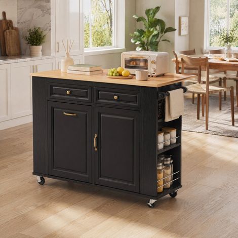 Isola cucina mobile con piano estensibile, vani e prese, nero e legno naturale DESVIAE (1/5)