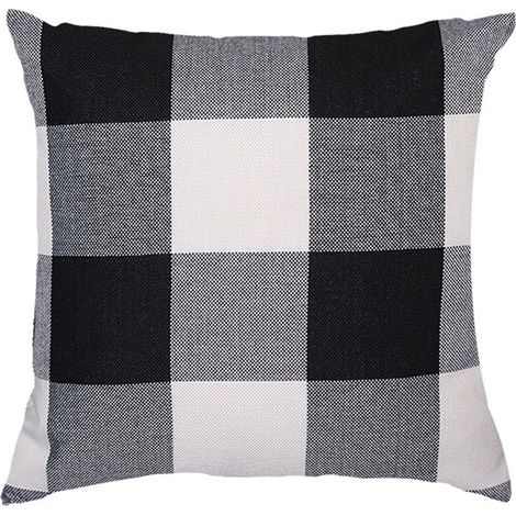 Taie d'oreiller/coussin/coussin de canapé style tartan en lin (2 pièces, tartan noir et blanc) (1/2)