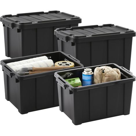 Caisse Rangement avec Couvercle Robuste, 21L, Lot de 4, Noir, Compact, Durable, Empilable, pour Garage, Etagères, Déménagement, Plastique, Boite a Outils, Bac de Rangement, DDSKT-210 (1/5)