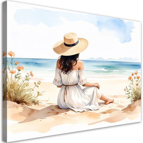 Wandbild Frau mit Hut am Strand 100x70 cm (1/5)