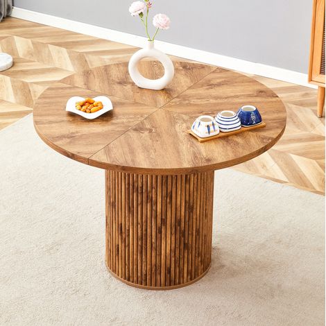 Tavolo da pranzo rotondo Ø 100 cm in effetto legno, piano in MDF e base cilindrica (1/5)