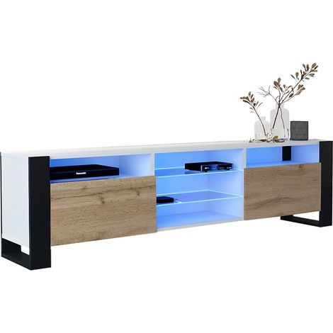 Dusine – Meuble TV 200 cm avec lumières LED – Mélaminé blanc mat et chêne – Style industriel – Rangement pratique avec étagères vitrées (1/4)