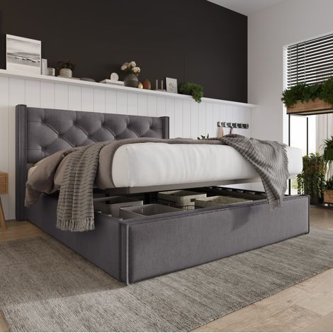 Letto contenitore 140 x 200 cm idraulico imbottito grigio DESVIAE (1/5)