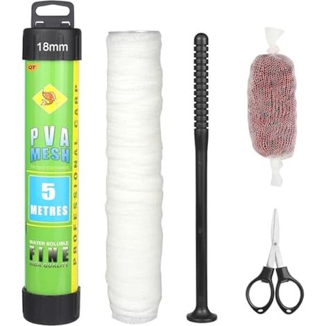 Kit de maille PVA 5m avec ciseaux, entonnoir et système de piston – Sacs PVA 18/25/37 mm, accessoires de pêche à la carpe, sacs en maille PVA à fusion rapide pour recharger amorces bouillettes