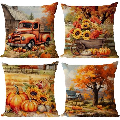 Fundas de cojín decorativas de otoño de 45x45 cm (juego de 4) - Estampado de calabazas para Acción de Gracias, estilo rústico, color naranja. (1/5)