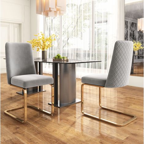Silla de comedor de terciopelo gris, set de 2, respaldo rombos, patas metal, 150 kg,45×42×88cm (1/5)