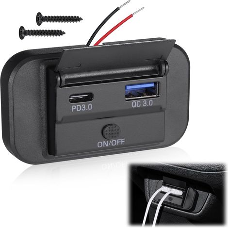 Prise USB 12V, QC/PD 3.0 USB C Chargeur Voiture, Affichage LED, 1PCS avec Interrupteur on/Off, Charge Rapide Prise de Chargeur de Voiture pour RV, Bateau, ATV, Moto, Camion, Golf Cart (1/5)