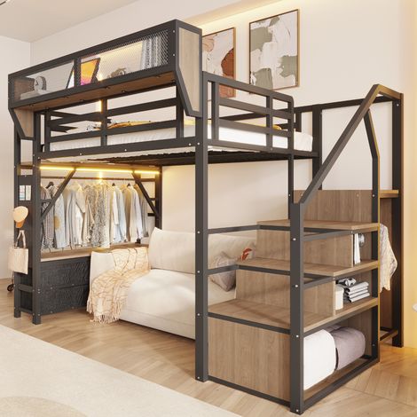 Lit mezzanine en métal 140 x 200 cm, équipé d'un compartiment de rangement, d'une penderie simple, d'un tiroir en tissu, d'une barre de suspension et d'un panier de rangement amovible, avec éclairage (1/4)