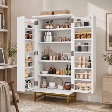 Credenza da cucina bianca in truciolato 60 x 40 x 130 cm con ripiani regolabili (1/5)