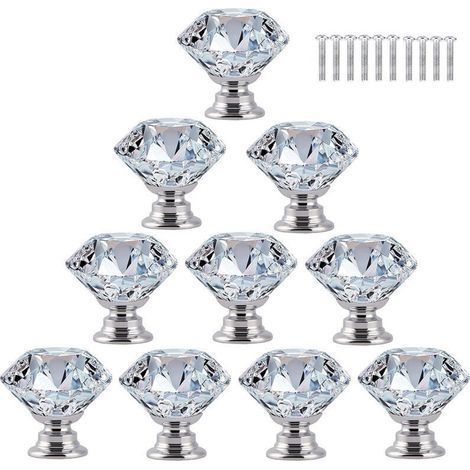 10 pcs Poignée Bouton de Porte Placard Meuble Tiroir Armoire, 30mm Diamant de Verre Cristal avec Vis - Transparent (1/5)
