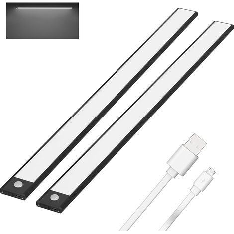 2 Pcs 60cm Lampe de Placard Sans Fil, Lampe Cuisine sous Meuble avec Detecteur Mouvement, 3 Modes, Reglette LED Magnétique Rechargeable USB, 3200mAh, 113 LEDs, Blanc froid 6000K, Noir (1/5)