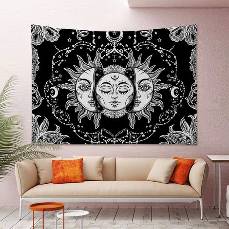 130 x 150 cm großer Wandteppich mit Tarot-Motiven (Sonne und Mond), psychedelischer, himmlischer schwarzer Wandteppich, Wandbehang, Hippie-Boho-Mandala im indischen Stil (1/5)