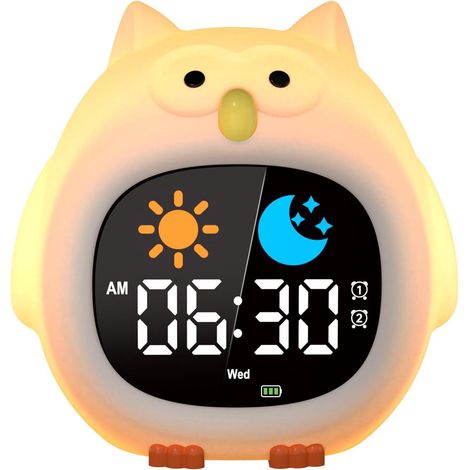 YISSVIC Réveil Enfant Educatif Jour Nuit 2 Alarme 3 Récurrence de l'Alarme 12/24 Heure Snooze Luminosité de l'Ecran Réglable Réveil Lumineux 7 Couleurs 10 Chansons Arrêt Automatiquement en Forme Hibou (1/5)