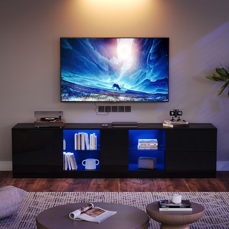 Meuble TV 160 x 40 x 52 cm - avec éclairage LED - adapté aux téléviseurs 65 pouces - laquée brillant - noir (1/5)