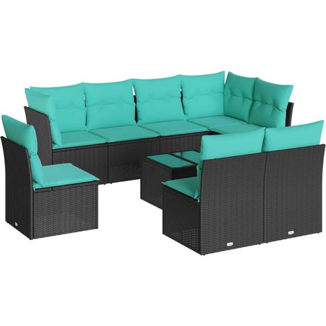9 Piece Garden Sofa Set with Cushions Black Poly Rattan vidaXL (1/3)