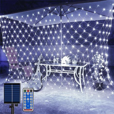 Filet Lumineux Solaire Extérieur, 1.5 M x 1.5 M 96 LEDs Guirlande Lumineuse de Filet avec 8 Modes, Télécommande, Etanche Guirlande Lumineuses Filet pour Noël Buissons Clôture Jardins-Blanc (1/5)