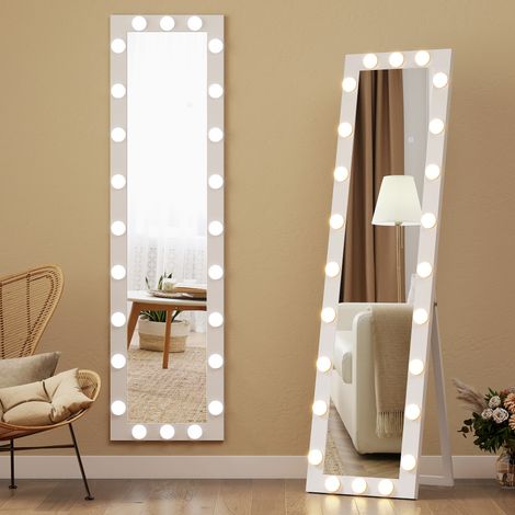 Specchio a figura intera 150x40 cm, specchio a LED con 24 lampadine, 3 colori di luce, autoportante o appoggiabile, bianco