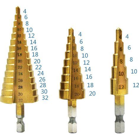 Set of 3 Step Drill Bits, 4-12/20/32mm, Titanium Conical Triangle, with Hex Shank, for Drilling on Steel, Brass, Wood, Plastic (1/5)