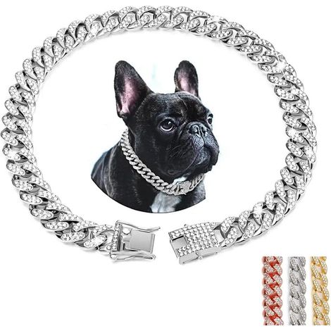 Collier en chaîne en argent pour chien, collier en métal avec diamants scintillants, collier cubain avec strass pour chiots de petite, moyenne et grande taille, 30,5 cm