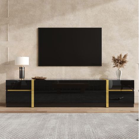 Mobile TV 180x40x38 cm, design lucido con dettagli dorati, 4 cassetti e 2 ante, MDF e pannello truciolare nero (1/5)
