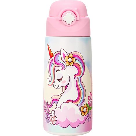 Gourde Isotherme Pour Enfant Avec Paille,acier Inoxydable - 500 Ml- Sans Bpa - Anti-fuite - Bouteille D'eau Isotherme Pour L'école, La Maternelle(Licorne) (1/5)