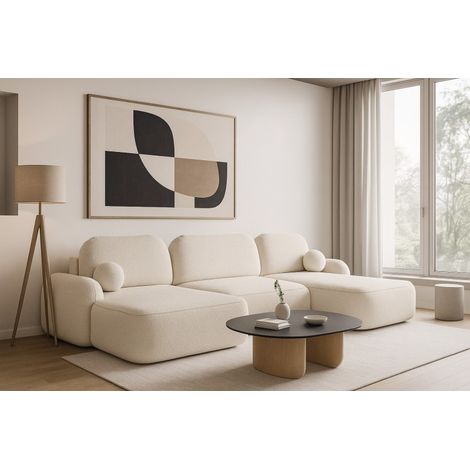 Tendencio – Canapé d'angle convertible en tissu bouclette Morizia – Longueur 366 cm – Coffre de rangement – Style Japandi beige (1/4)